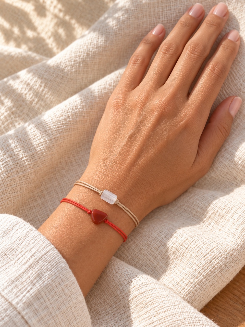 Bien Fait Adjustable Stone Cord Bracelet Set of 2 Red Beige